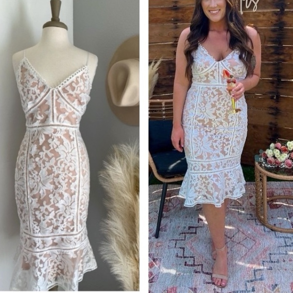 ❤️ Lulus Alluring Love White and Nude Lace Midi Dress